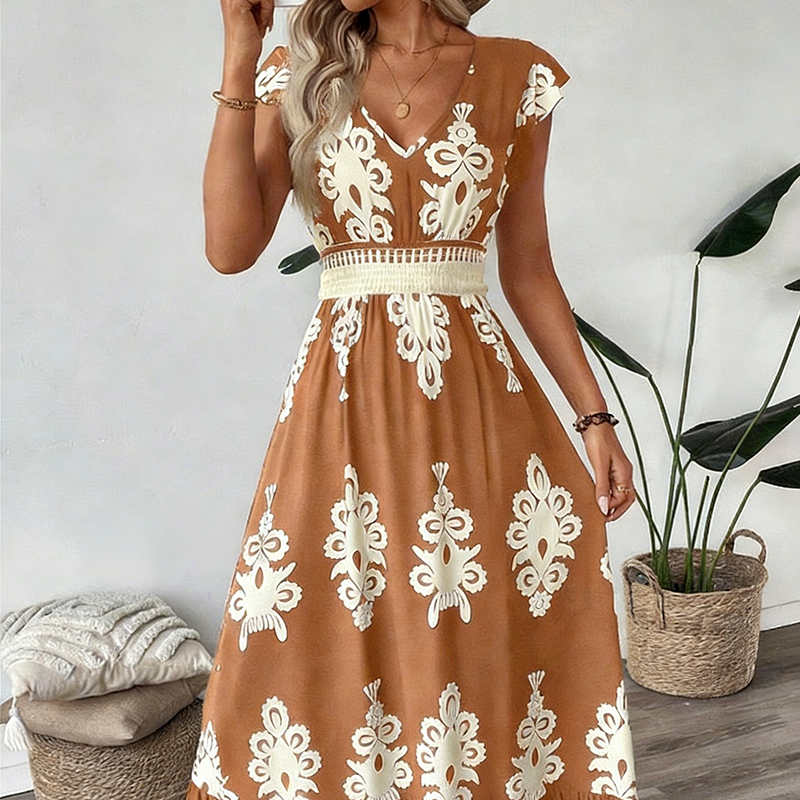 Vestido largo para mujer con estampado barroco y escote en V