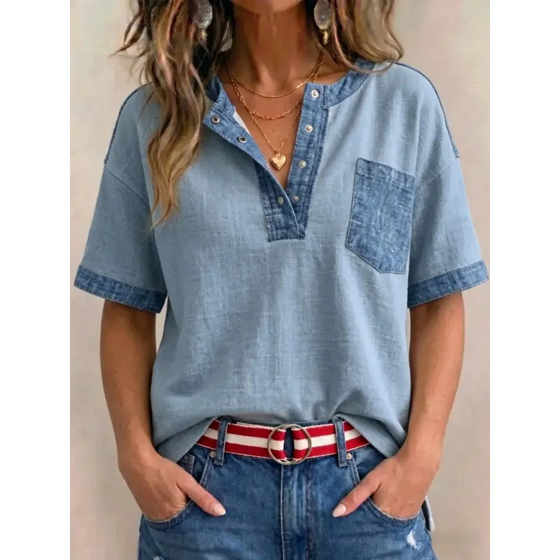 Top de mujer de algodón con escote en V y detalles en denim