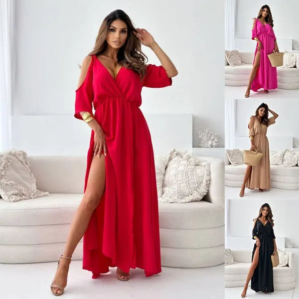 Vestido maxi mujer hombros descubiertos abertura elegante