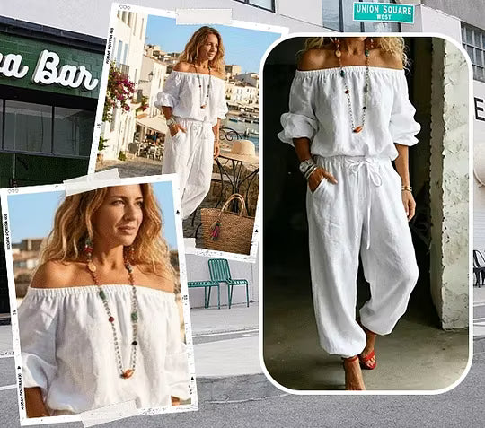 Conjunto mujer hombros descubiertos con pantalón fluido