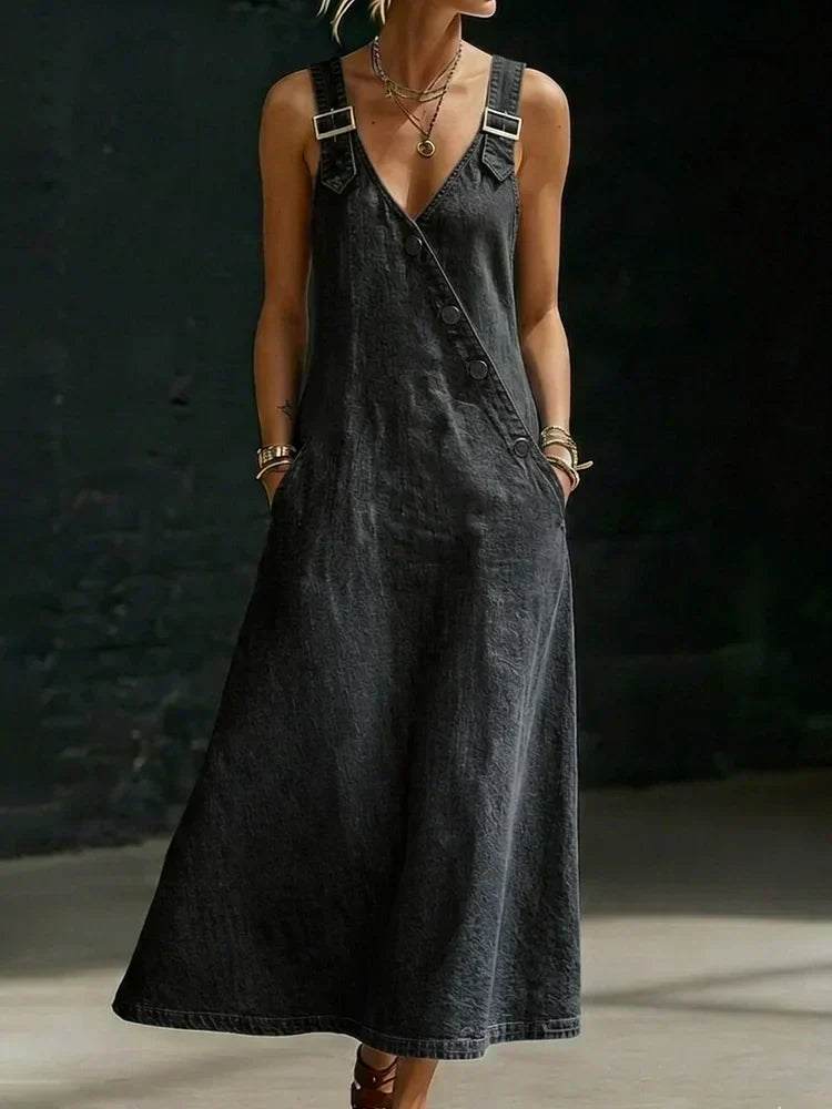 Vestido largo para mujer de denim con botones cruzados