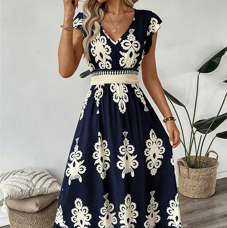 Vestido largo para mujer con estampado barroco y escote en V