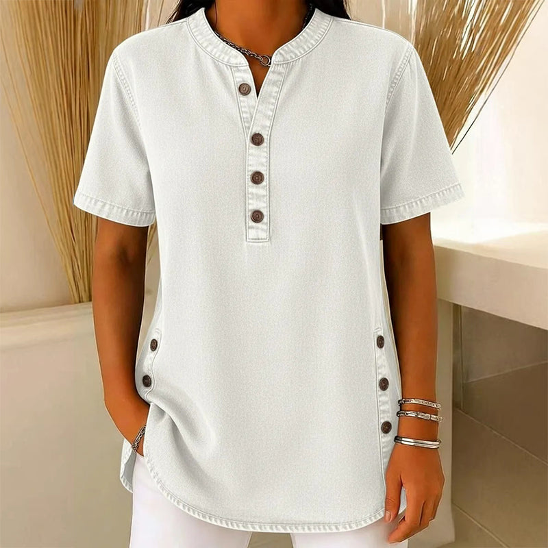 Túnica mujer de denim ligero con cuello en V y botones decorativos
