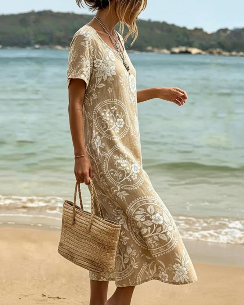 Vestido midi para mujer con estampado floral y cuello redondo