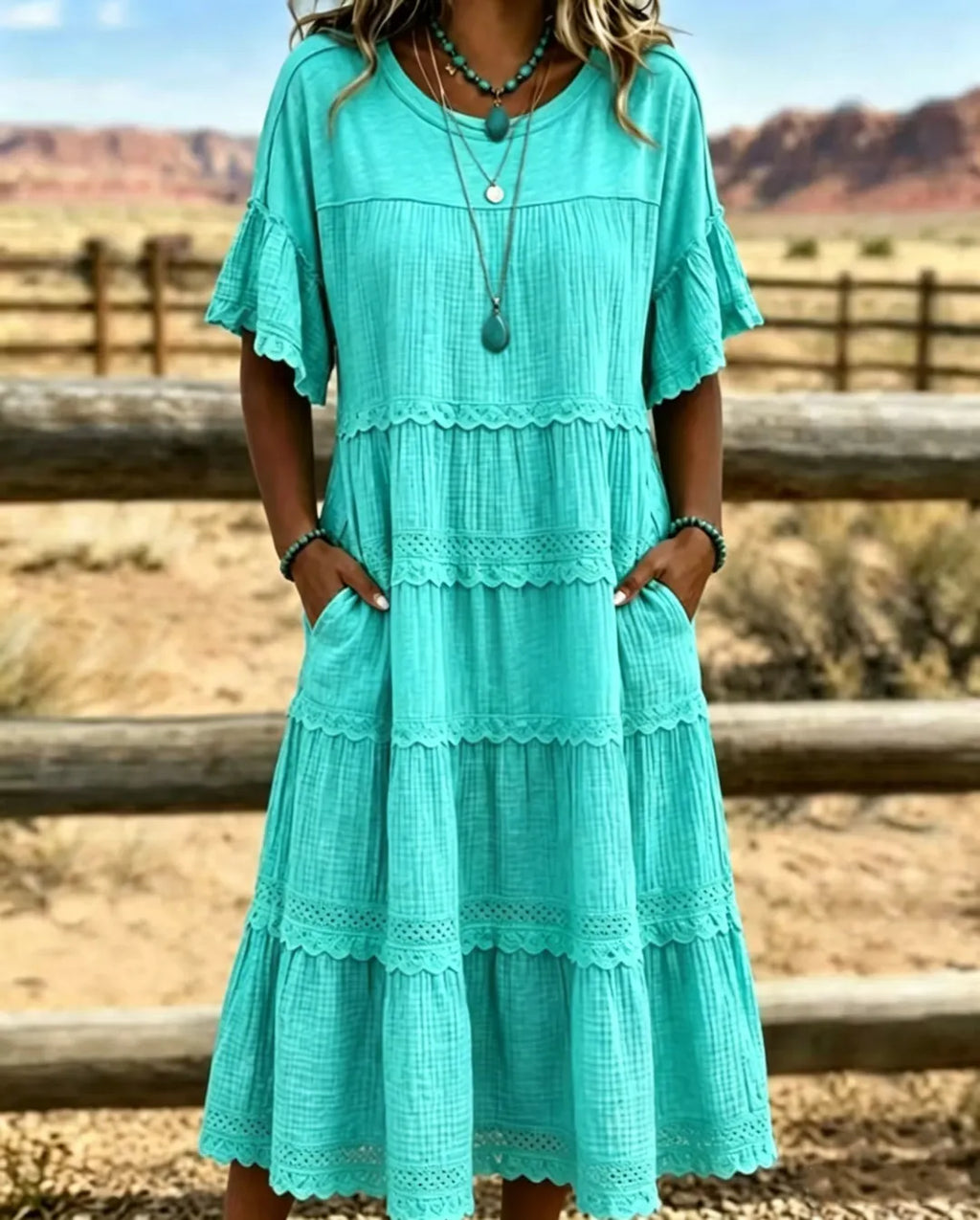 Vestido midi para mujeres de algodón y lino con volantes