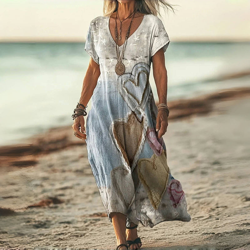 Vestido midi para mujer con estampado de corazones y escote en V