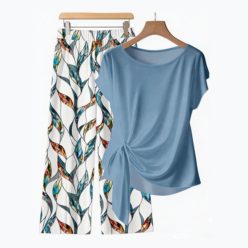 Conjunto mujer casual con top anudado y pantalón estampado