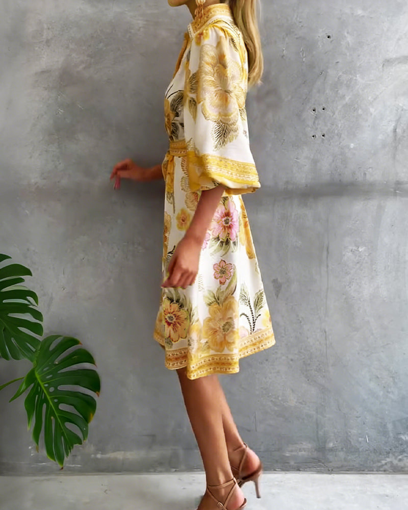 Vestido elegante de flores para mujer con mangas farol y botones