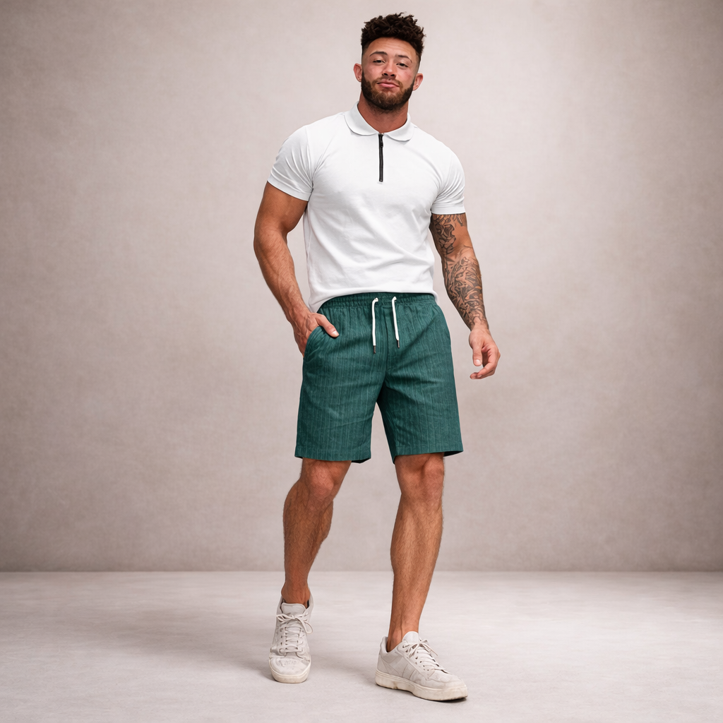 Pantalón corto lino poliéster hombre con cordón verano casual
