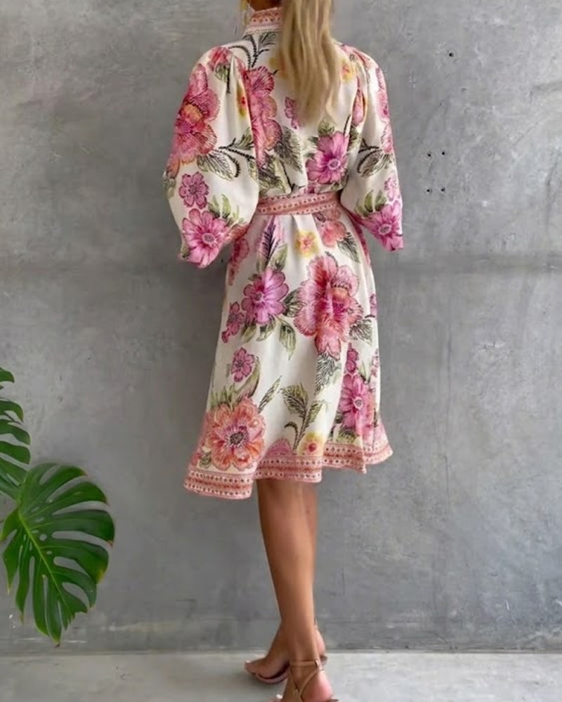 Vestido elegante de flores para mujer con mangas farol y botones