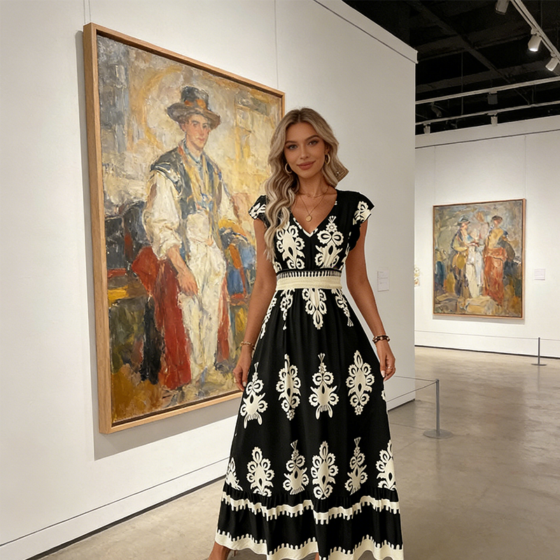 Vestido largo para mujer con estampado barroco y escote en V