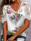 Top de dama con escote en V floral y mangas de encaje