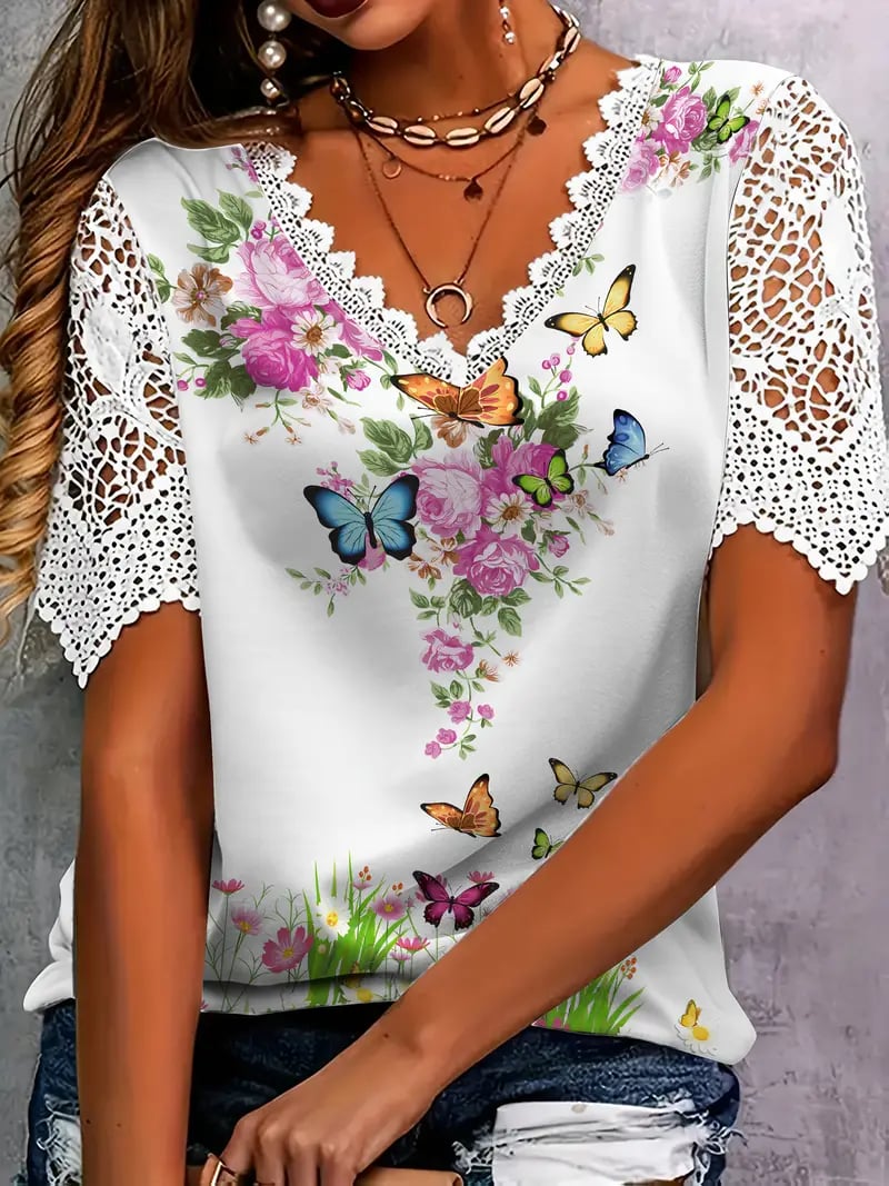 Top de dama con escote en V floral y mangas de encaje