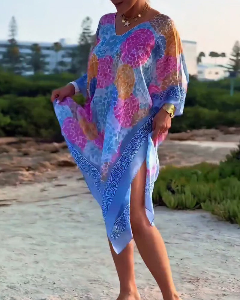 Vestido de playa para mujer con mangas murciélago y estampado colorido