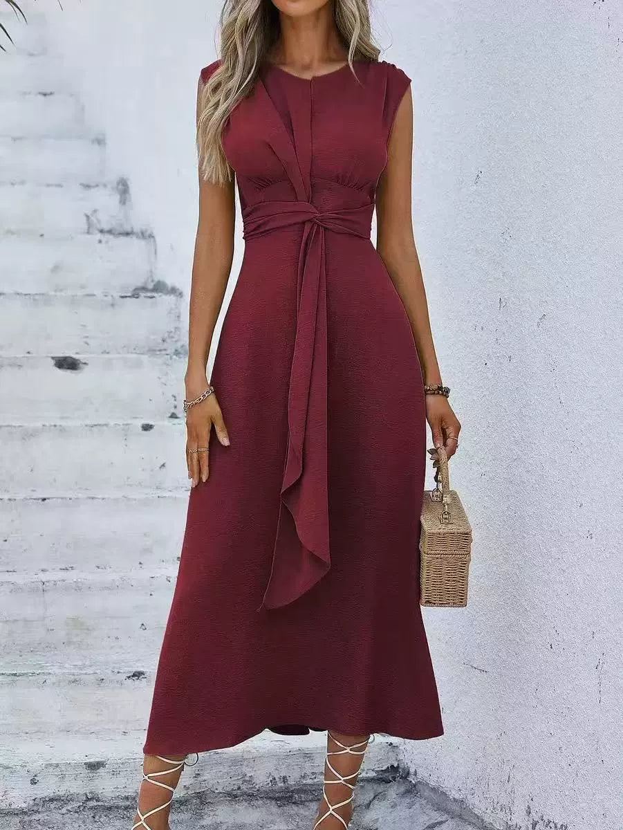 Vestido largo para mujer con cintura drapeada y diseño sin mangas