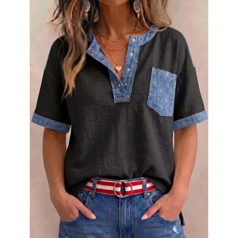 Top de mujer de algodón con escote en V y detalles en denim