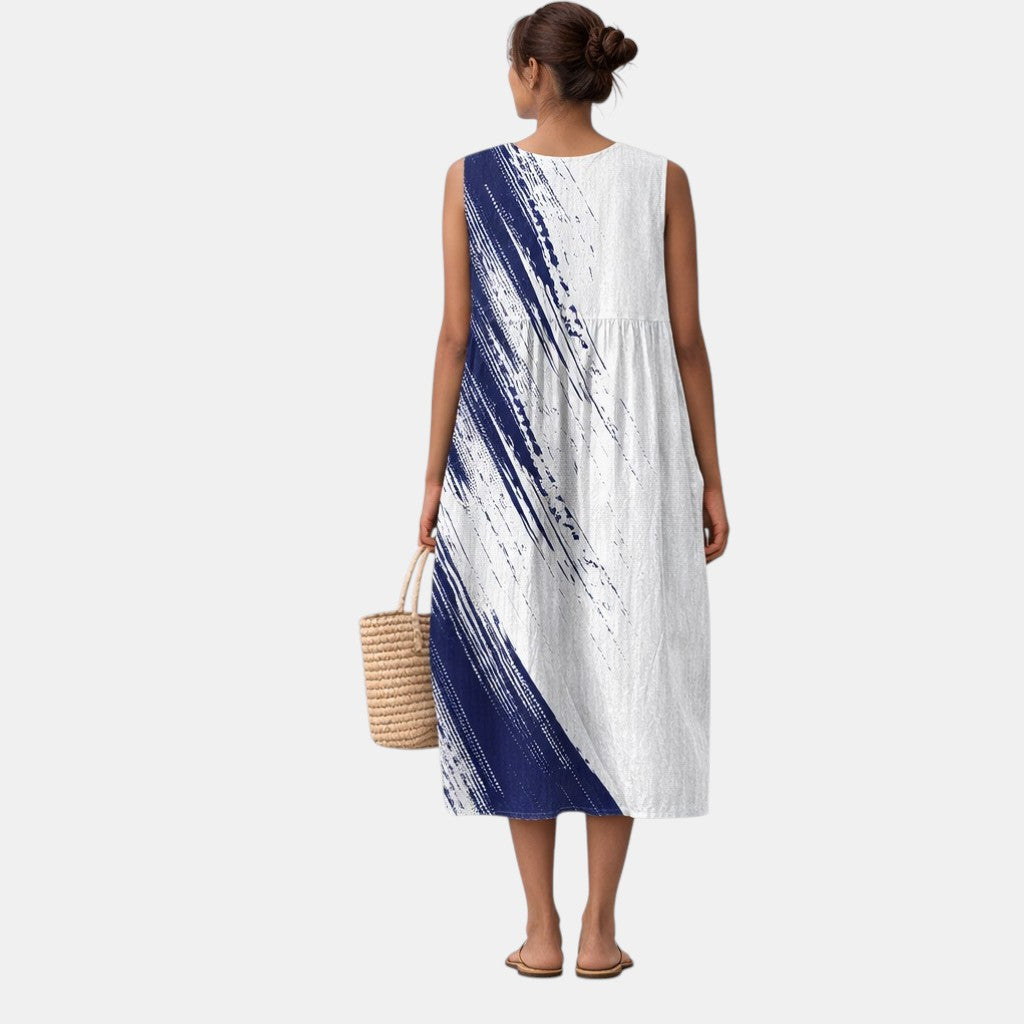 Vestido midi mujer algodón viscosa estampado abstracto sin mangas