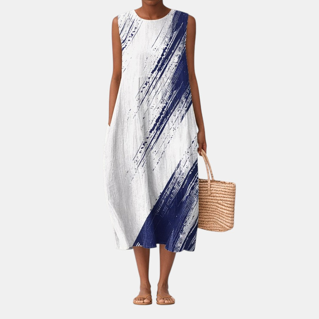 Vestido midi mujer algodón viscosa estampado abstracto sin mangas