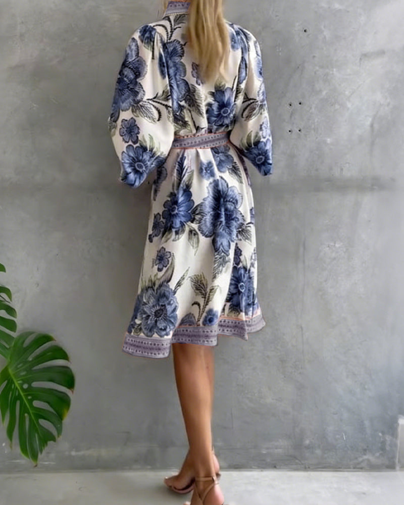 Vestido elegante de flores para mujer con mangas farol y botones