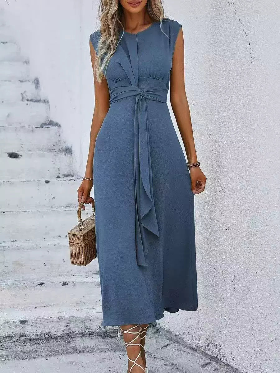 Vestido largo para mujer con cintura drapeada y diseño sin mangas
