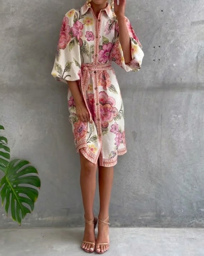 Vestido elegante de flores para mujer con mangas farol y botones