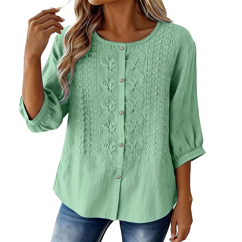 Blusa bordada para mujer de algodón y lino con mangas 3/4
