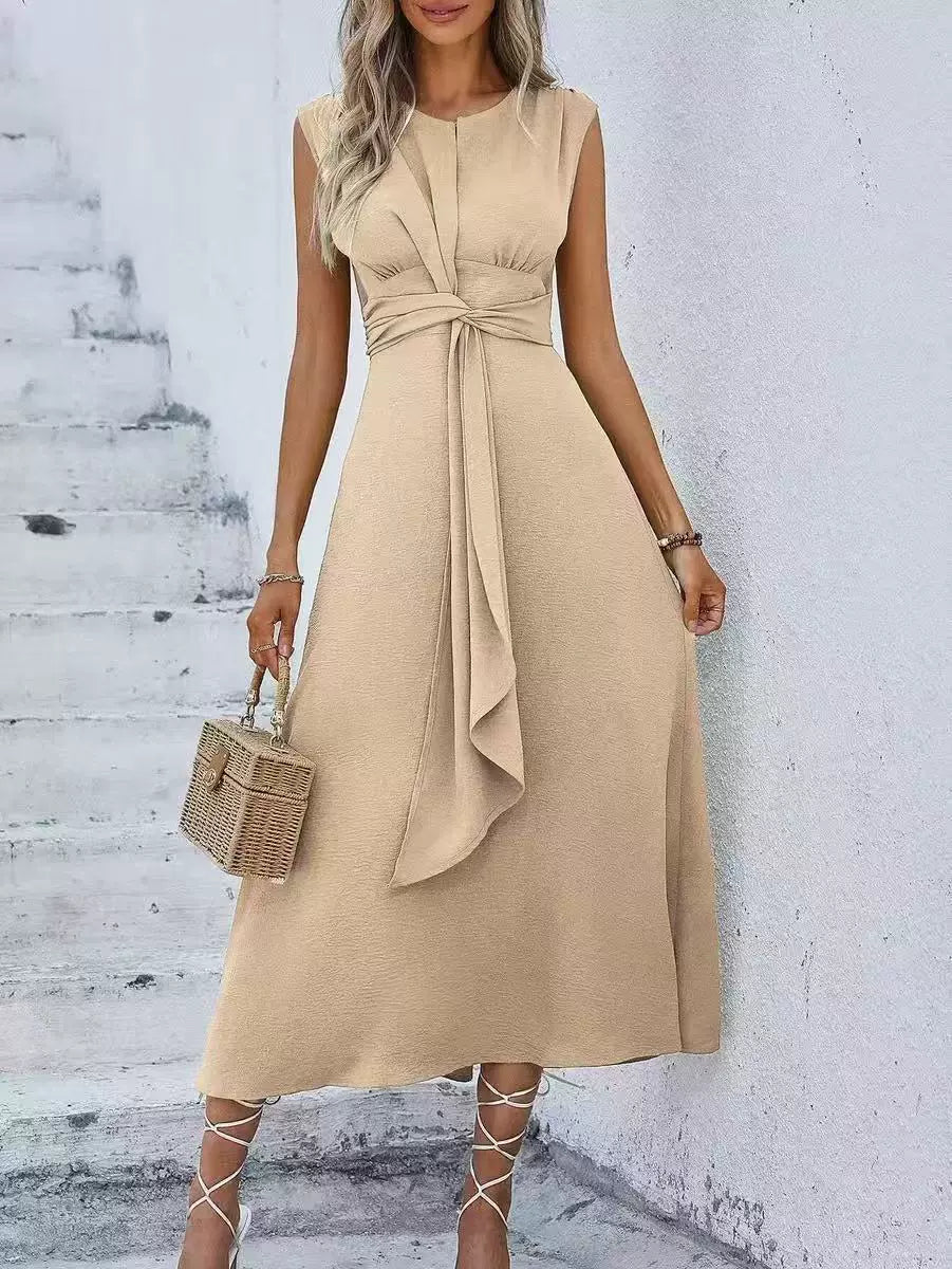 Vestido largo para mujer con cintura drapeada y diseño sin mangas