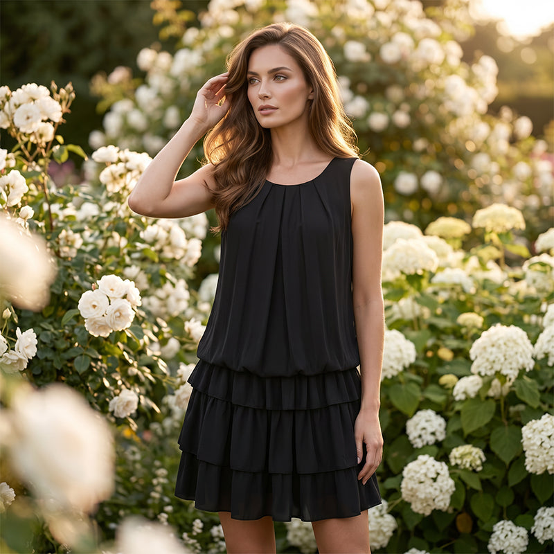 Vestido midi para mujeres con volantes y escote redondo