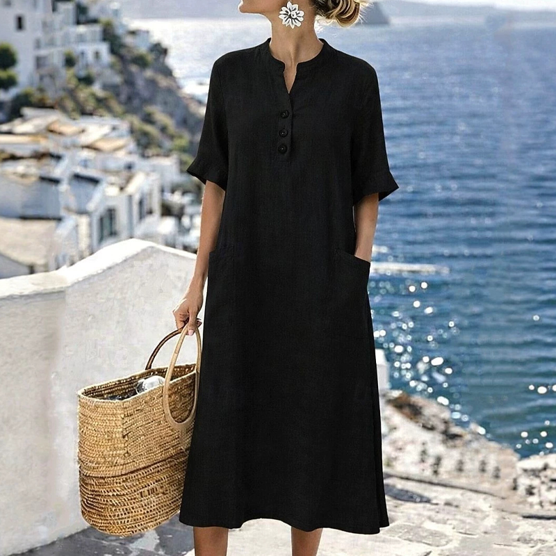 Vestido midi de mujer en algodón y lino con botones y bolsillos
