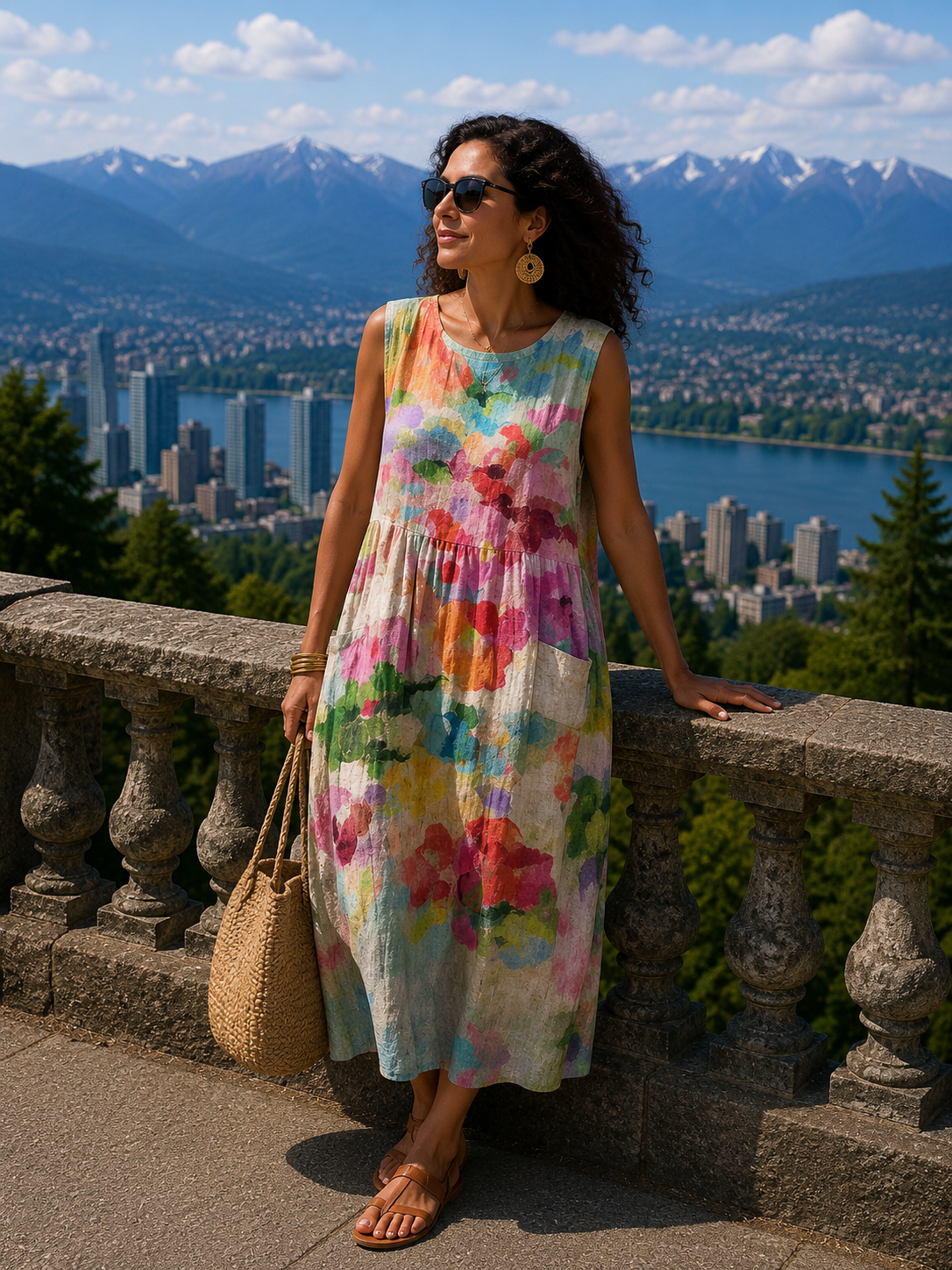Vestido midi sin mangas para mujer con estampado floral multicolor