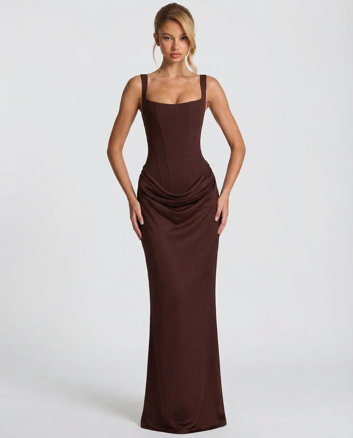 Vestido maxi mujer elegante con corsé y efecto reloj de arena