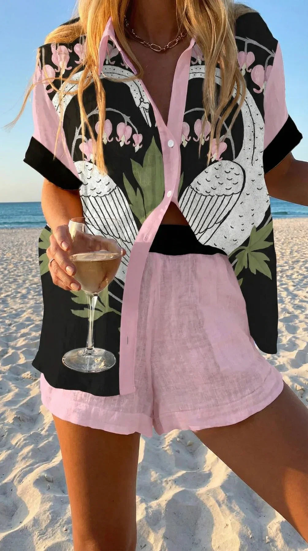 Conjunto mujer bohemio de verano con camisa estampada y shorts