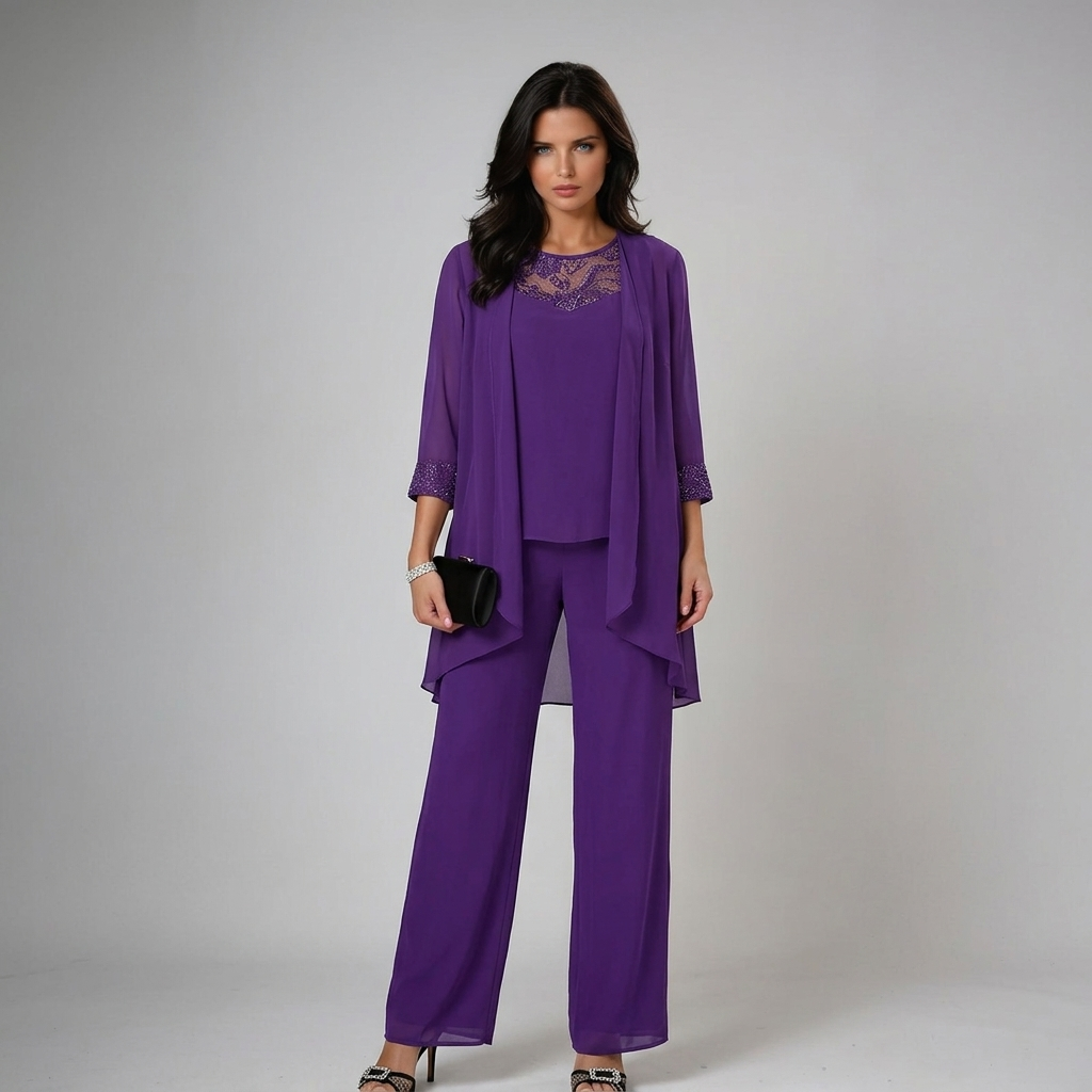 Conjunto mujer elegante de tres piezas con pantalón fluido