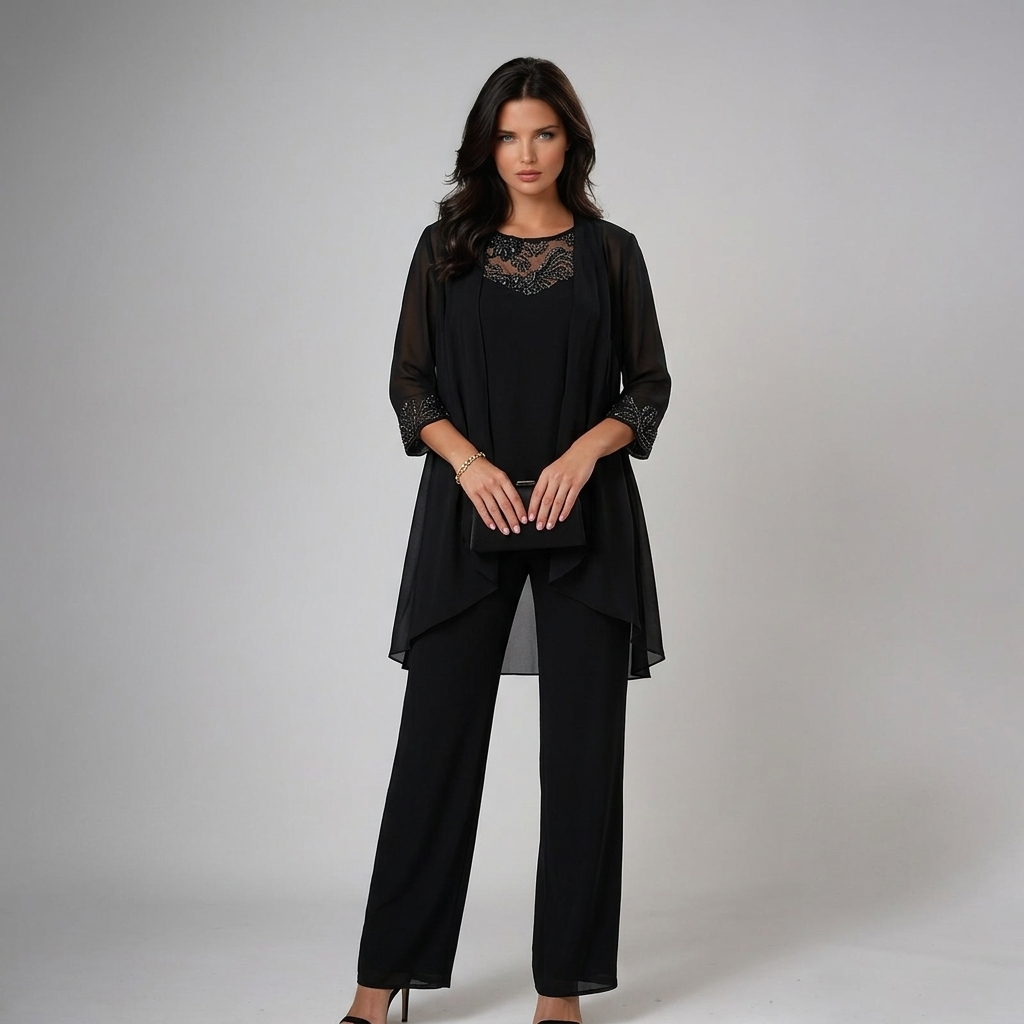 Conjunto mujer elegante de tres piezas con pantalón fluido