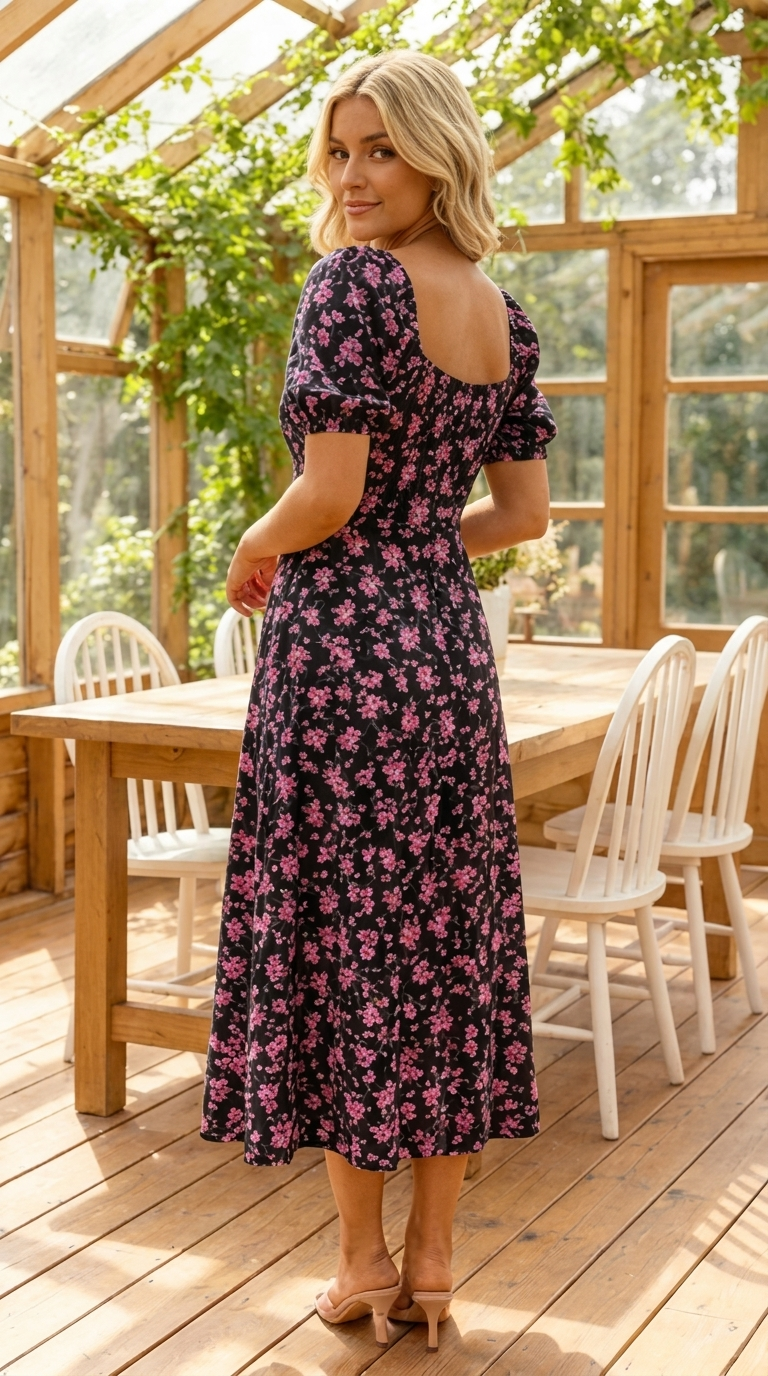 Vestido midi para mujer con estampado floral y mangas abullonadas