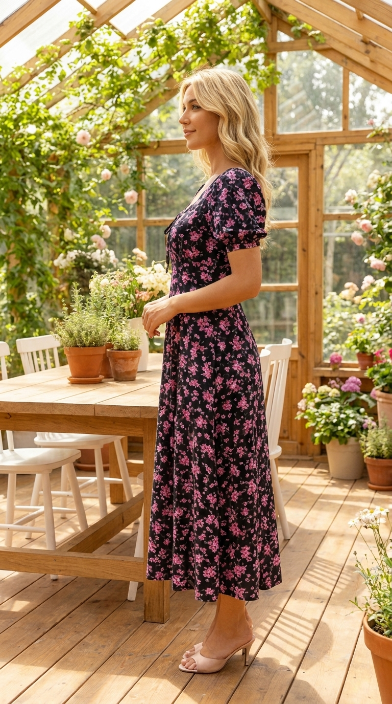 Vestido midi para mujer con estampado floral y mangas abullonadas