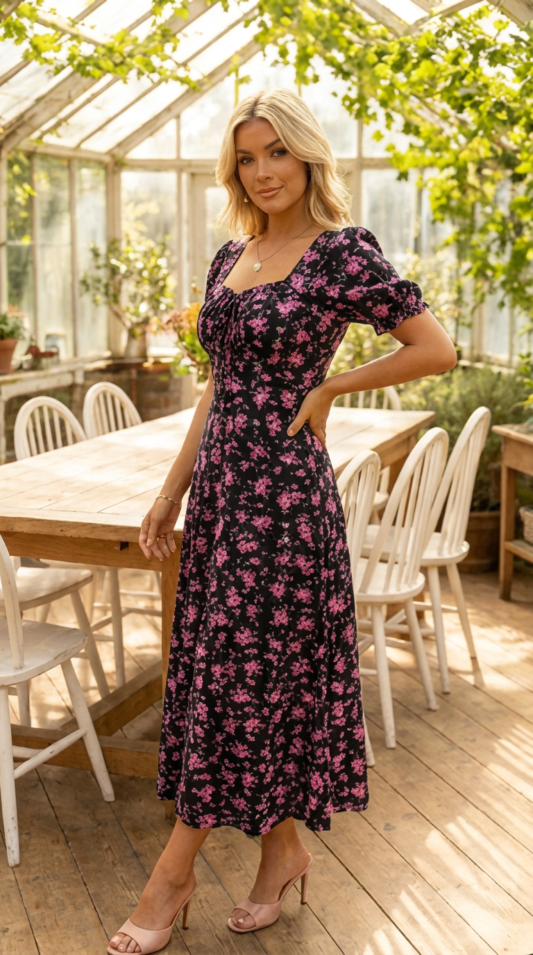 Vestido midi para mujer con estampado floral y mangas abullonadas