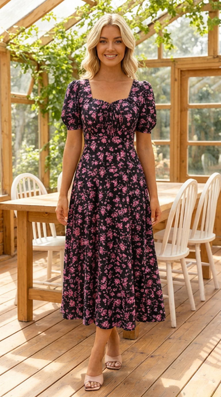 Vestido midi para mujer con estampado floral y mangas abullonadas