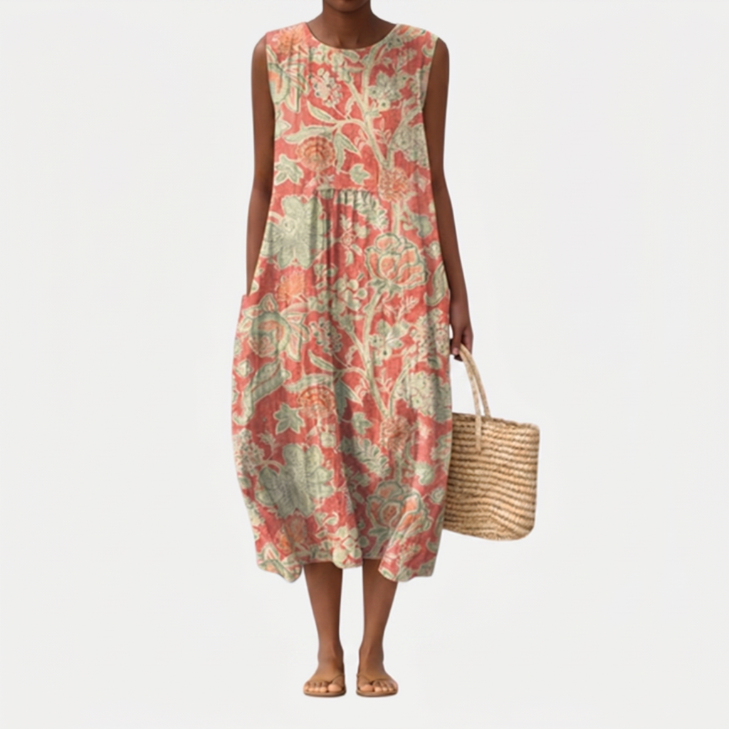 Vestido midi mujer algodón viscosa floral con cuello en V verano