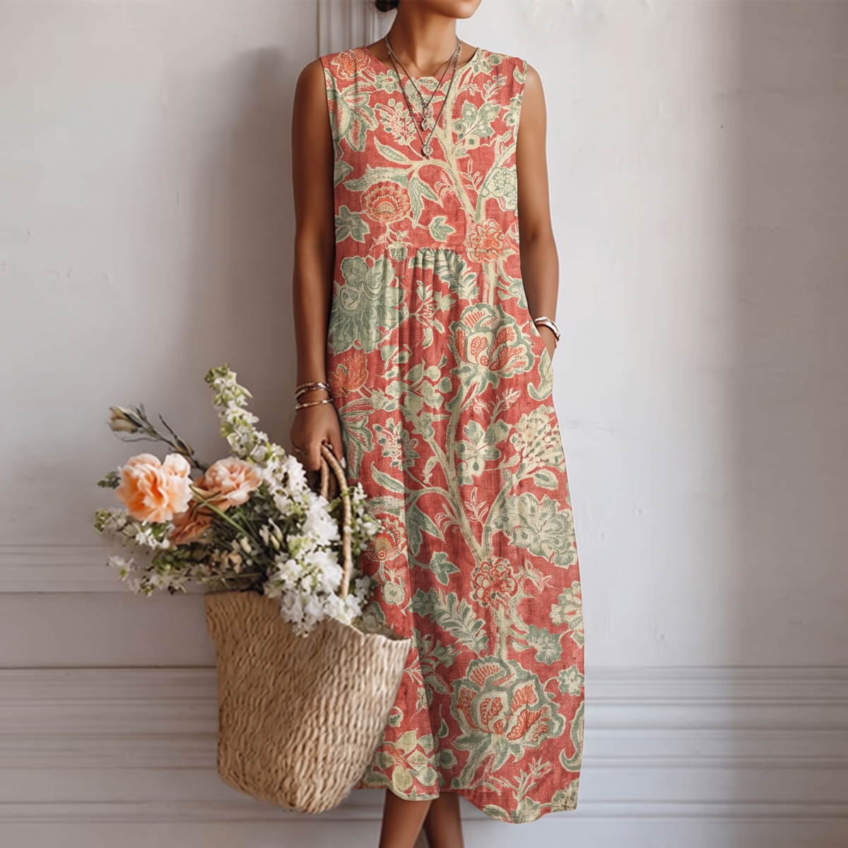 Vestido midi mujer algodón viscosa floral con cuello en V verano