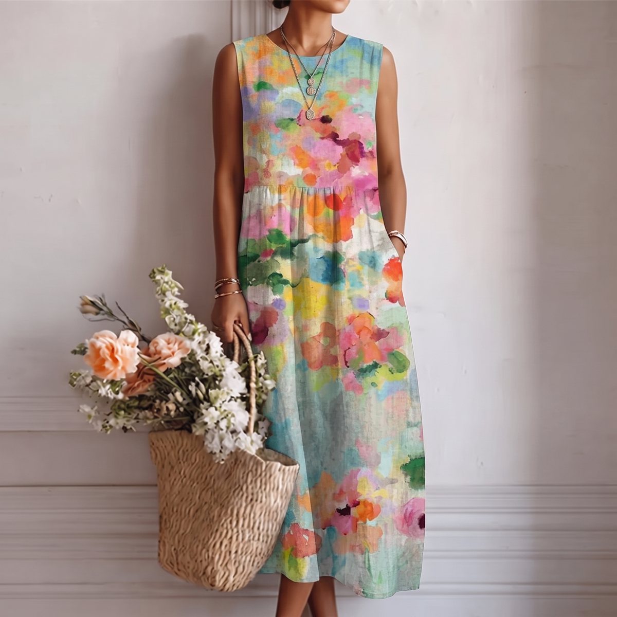 Vestido midi mujer sin mangas estampado multicolor con bolsillos