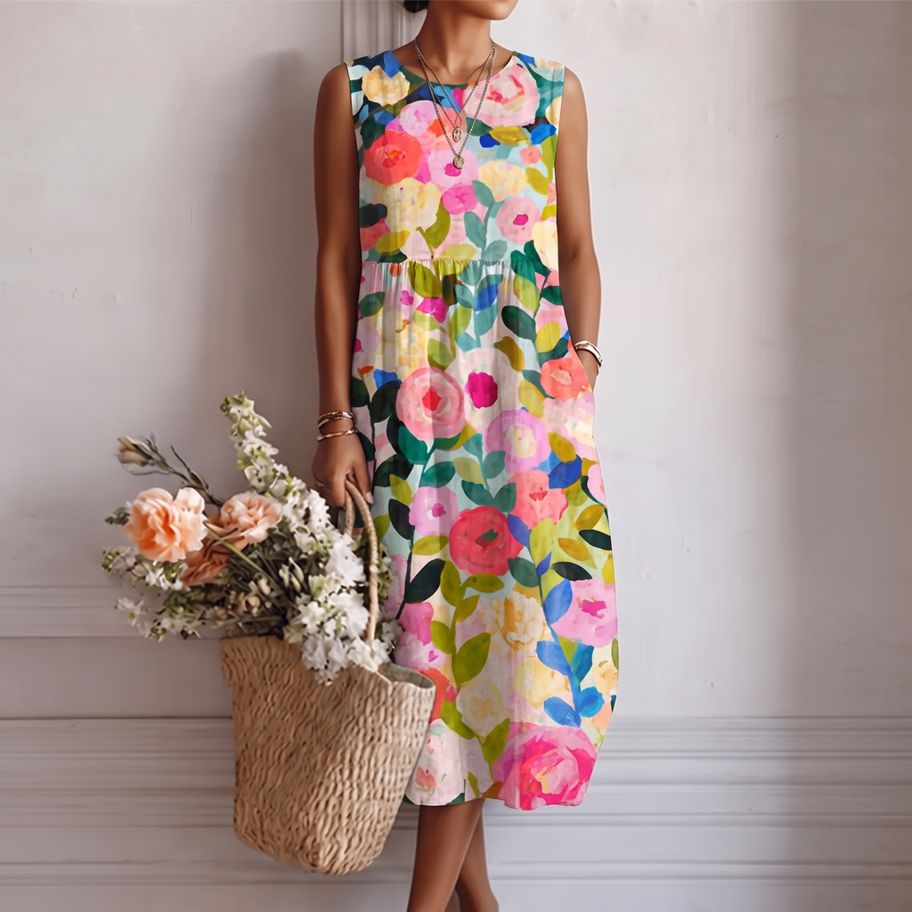 Vestido midi mujer algodón viscosa floral sin mangas verano