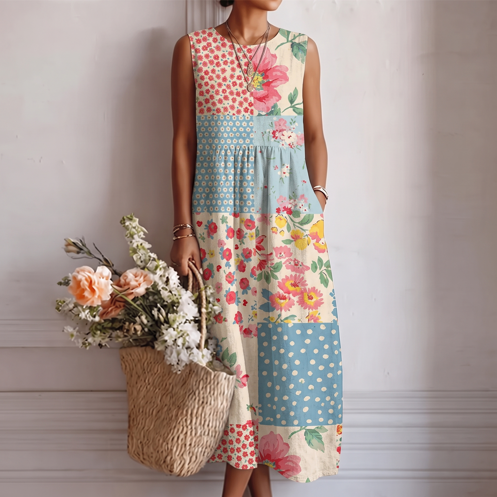 Vestido midi mujer algodón viscosa patchwork floral sin mangas