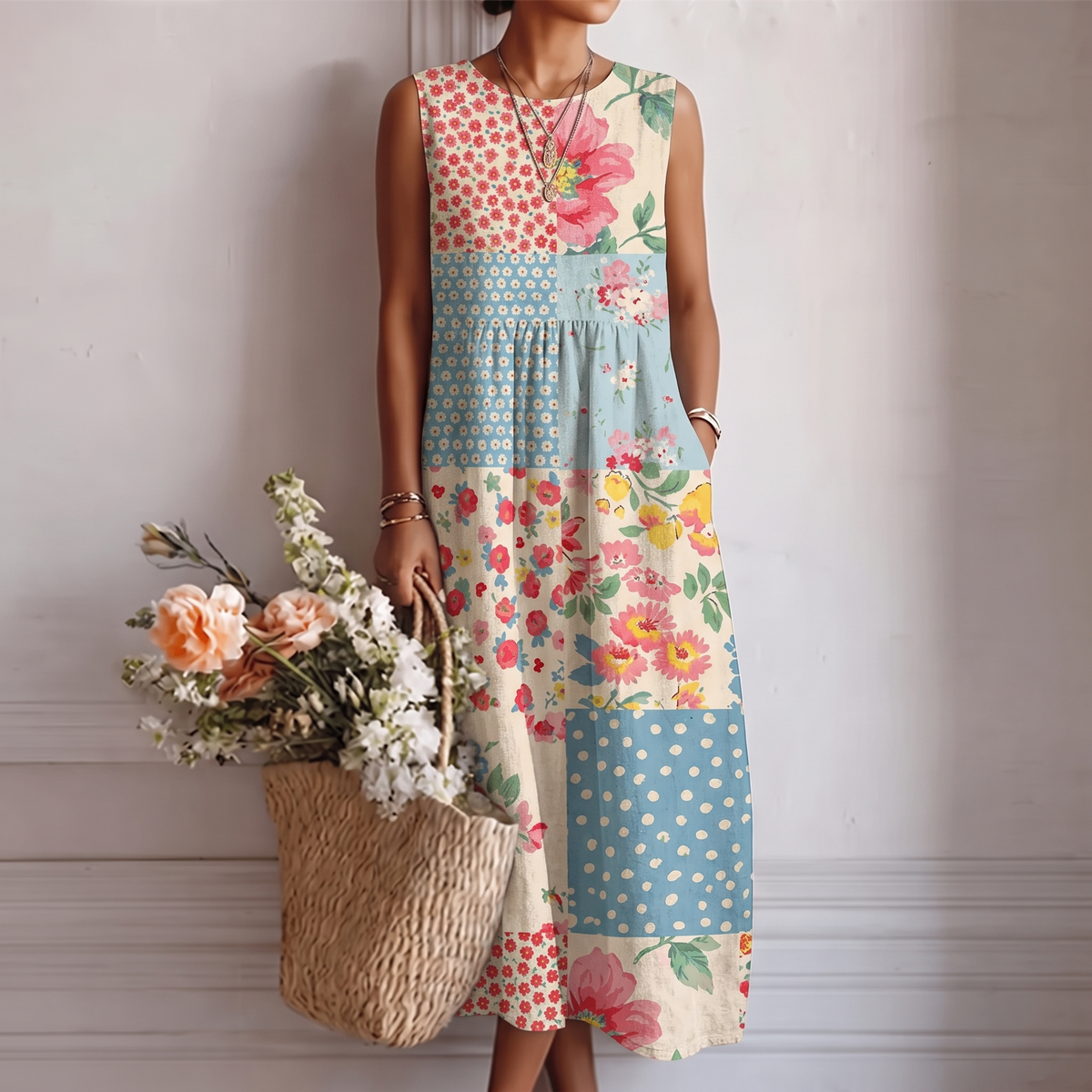 Vestido midi mujer algodón viscosa patchwork floral sin mangas