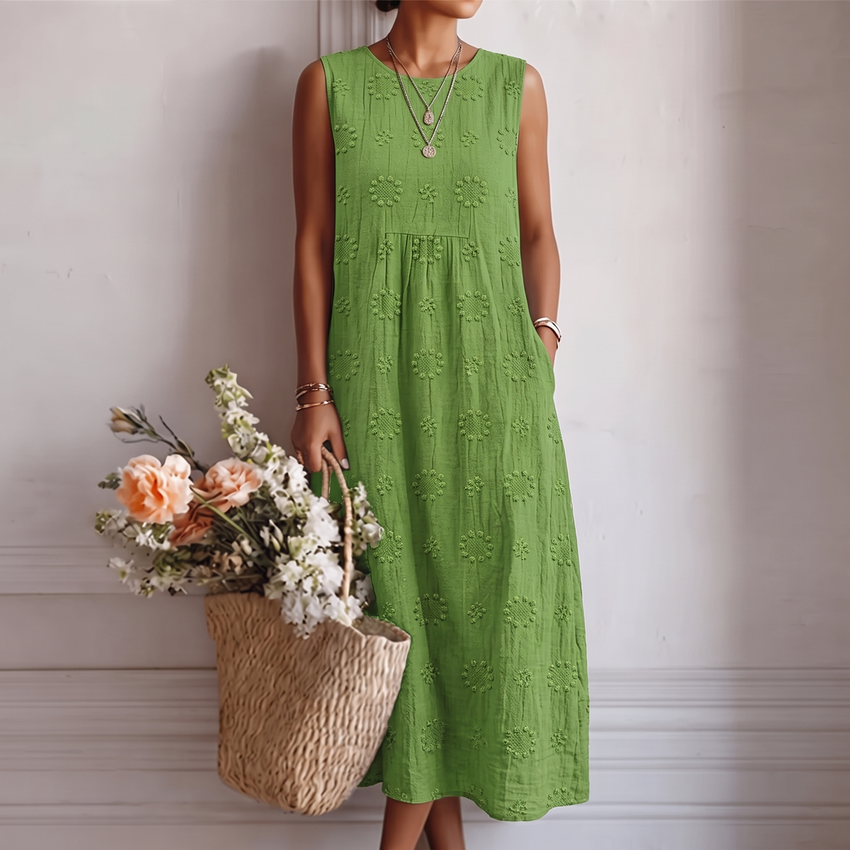 Vestido midi mujer algodón viscosa bordado sin mangas casual