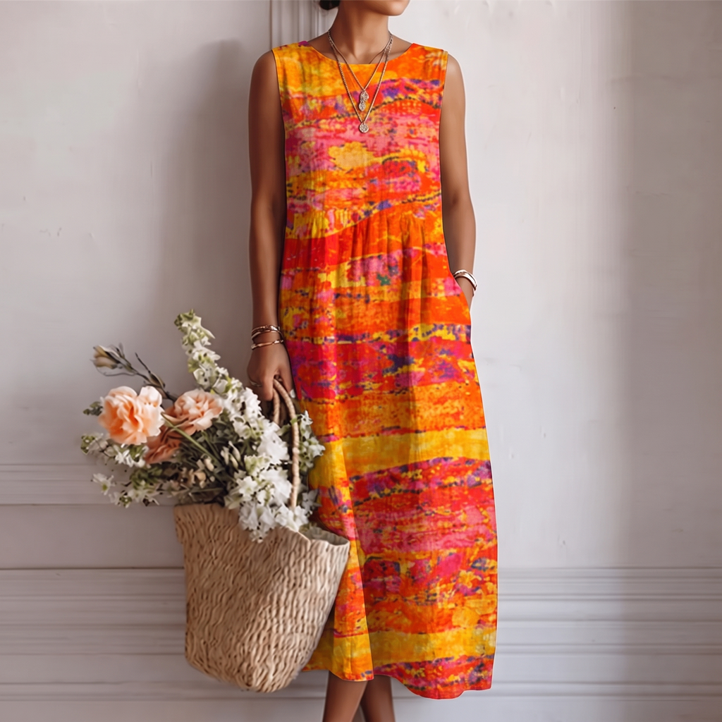 Vestido midi mujer sin mangas estampado multicolor con bolsillos