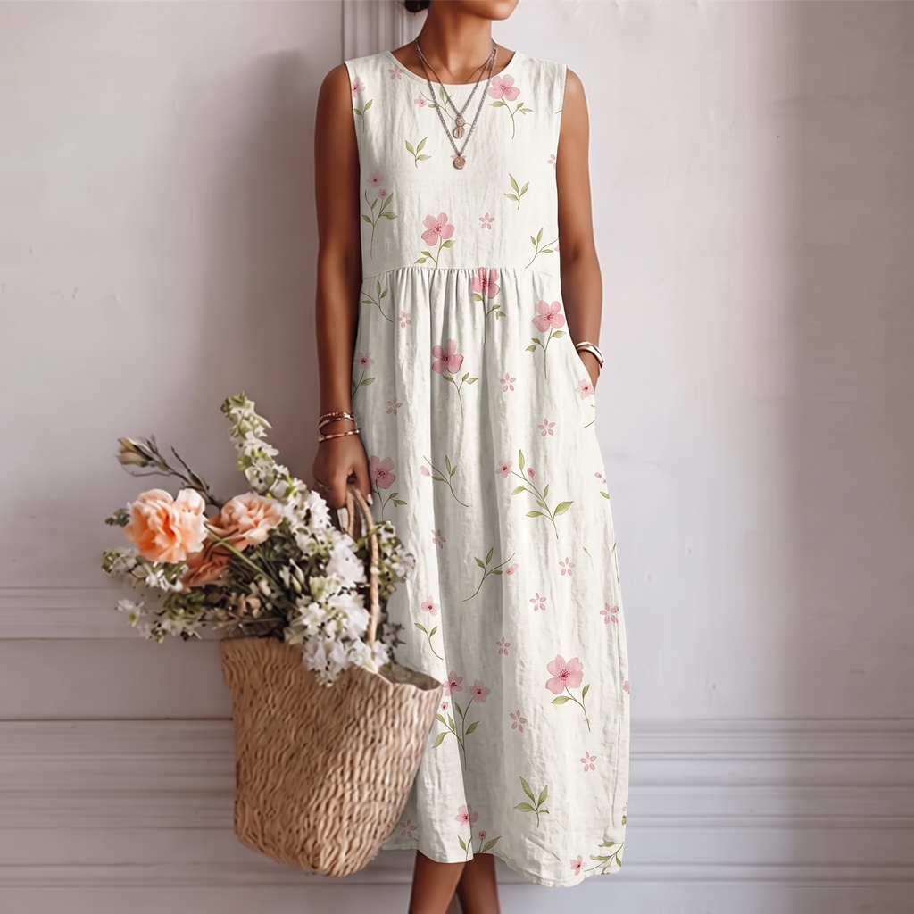 Vestido midi mujer algodón viscosa floral sin mangas verano