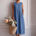 Vestido midi mujer algodón viscosa bordado inglés sin mangas