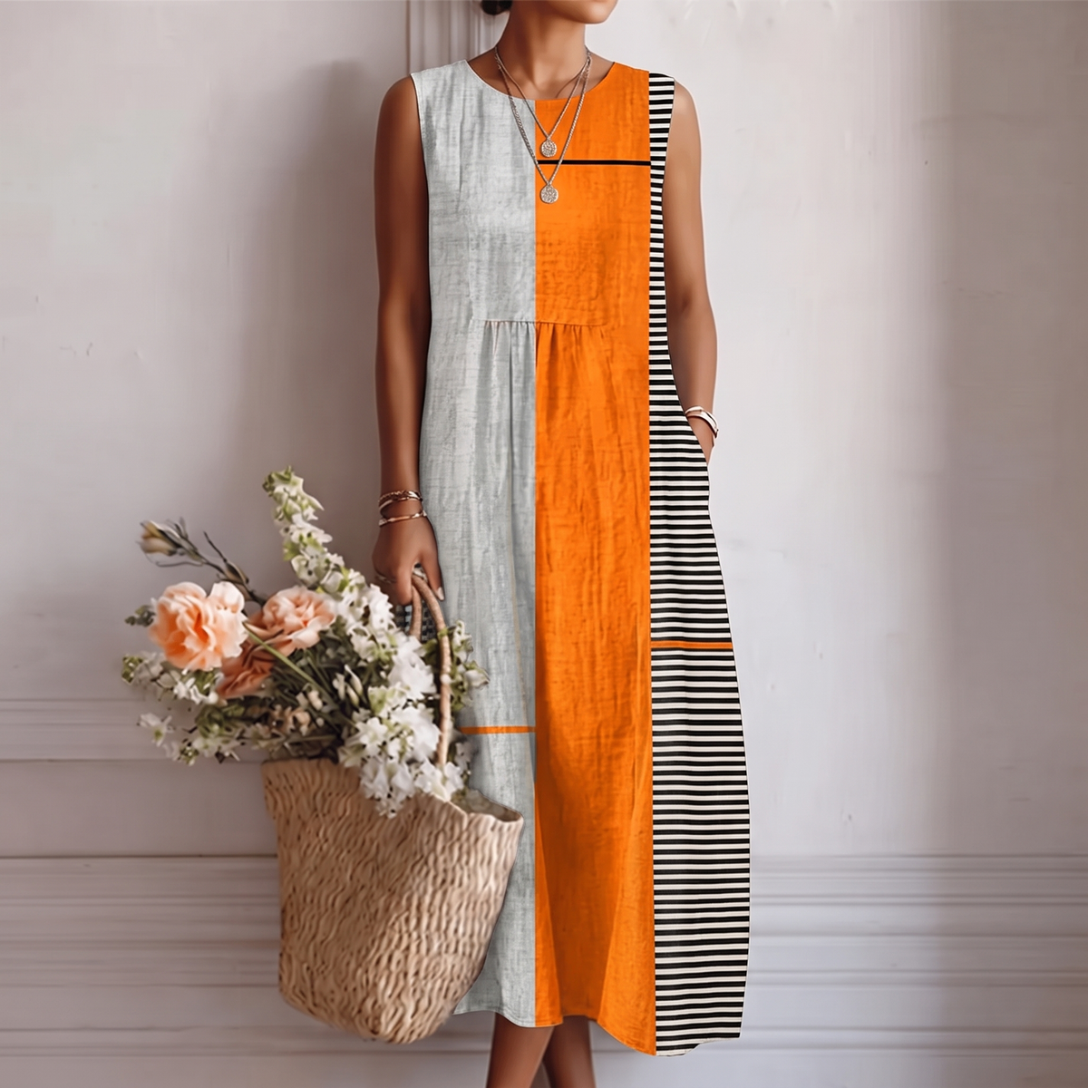 Vestido midi mujer algodón viscosa color block sin mangas