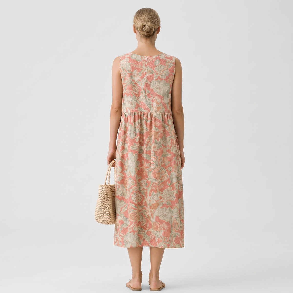 Vestido midi mujer algodón viscosa floral con cuello en V verano